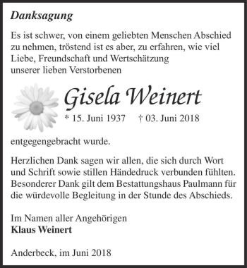 Traueranzeige von Gisela Weinert  von Magdeburger Volksstimme