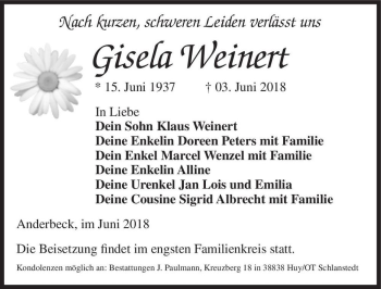 Traueranzeige von Gisela Weinert  von Magdeburger Volksstimme