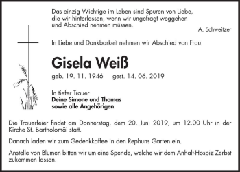 Traueranzeige von Gisela Weiß  von Magdeburger Volksstimme