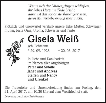 Traueranzeige von Gisela Weiß (geb. Lehmann)  von Magdeburger Volksstimme