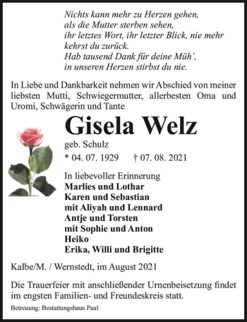 Traueranzeige von Gisela Welz (geb. Schulz)  von Magdeburger Volksstimme