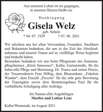 Traueranzeige von Gisela Welz (geb. Schulz)  von Magdeburger Volksstimme