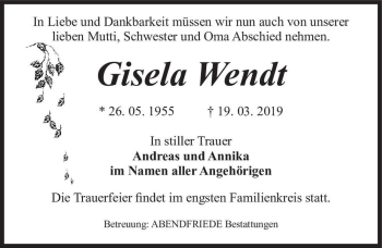 Traueranzeige von Gisela Wendt  von Magdeburger Volksstimme