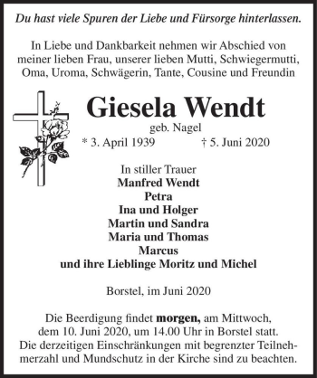 Traueranzeige von Gisela Wendt (geb. Nagel)  von Magdeburger Volksstimme