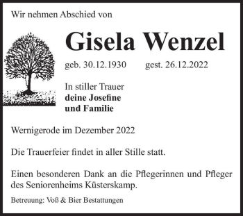 Traueranzeige von Gisela Wenzel  von Magdeburger Volksstimme