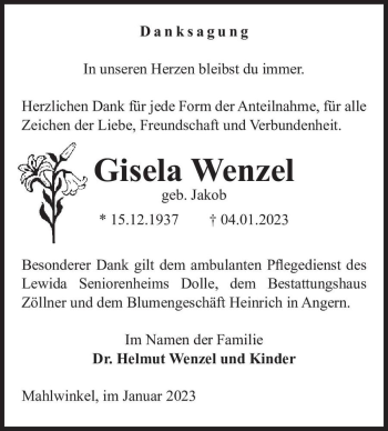 Traueranzeige von Gisela Wenzel (geb. Jakob)  von Magdeburger Volksstimme