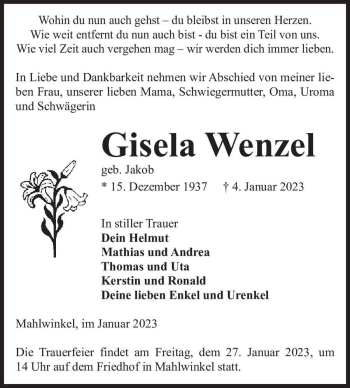 Traueranzeige von Gisela Wenzel (geb. Jakob)  von Magdeburger Volksstimme