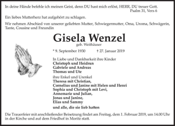 Traueranzeige von Gisela Wenzel (geb. Weithäuser)  von Magdeburger Volksstimme