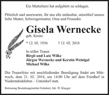 Traueranzeige von Gisela Wernecke (geb. Krone)  von Magdeburger Volksstimme