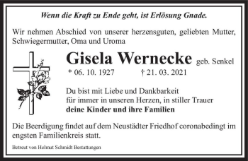 Traueranzeige von Gisela Wernecke (geb. Senkel)  von Magdeburger Volksstimme