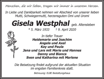 Traueranzeige von Gisela Westphal (geb. Altensleben)  von Magdeburger Volksstimme