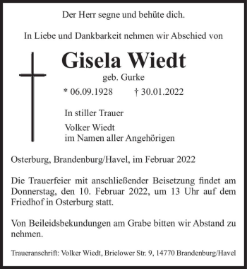 Traueranzeige von Gisela Wiedt (geb. Gurke)  von Magdeburger Volksstimme