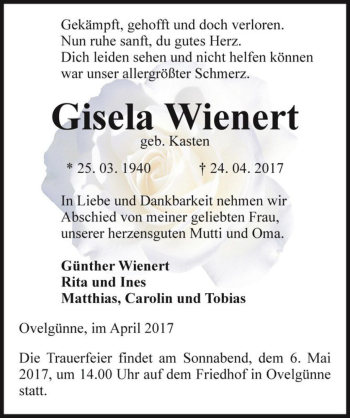 Traueranzeige von Gisela Wienert (geb. Kasten)  von Magdeburger Volksstimme