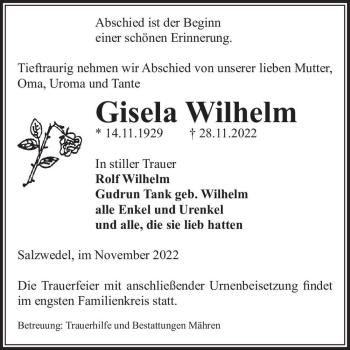 Traueranzeige von Gisela Wilhelm  von Magdeburger Volksstimme