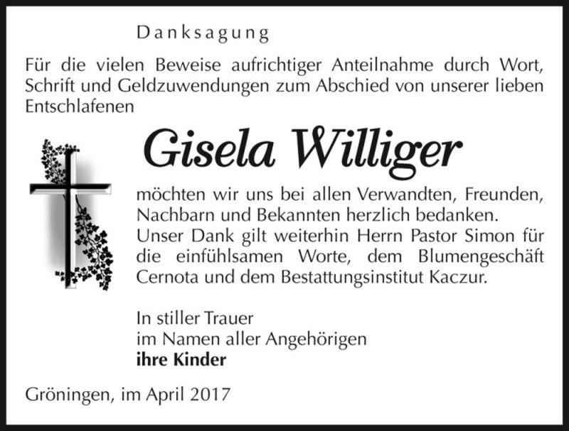  Traueranzeige für Gisela Williger  vom 13.04.2017 aus Magdeburger Volksstimme