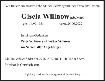 Traueranzeige von Gisela Willnow (geb. Marx)  von Magdeburger Volksstimme