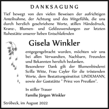 Traueranzeige von Gisela Winkler  von Magdeburger Volksstimme