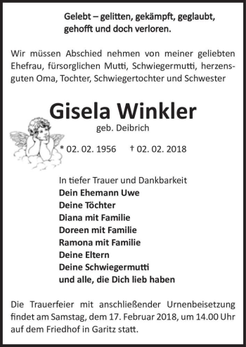 Traueranzeige von Gisela Winkler (geb. Deibrich)  von Magdeburger Volksstimme