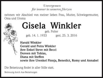 Traueranzeige von Gisela Winkler (geb. Polter)  von Magdeburger Volksstimme