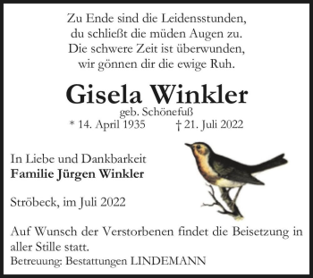 Traueranzeige von Gisela Winkler (geb. Schönefuß)  von Magdeburger Volksstimme