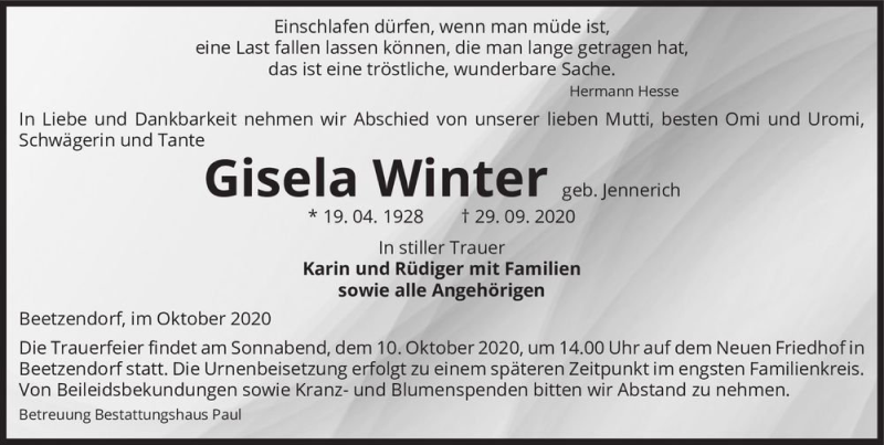  Traueranzeige für Gisela Winter (geb. Jennerich)  vom 06.10.2020 aus Magdeburger Volksstimme