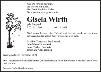Traueranzeige von Gisela Wirth (geb. Lingstedt)  von Magdeburger Volksstimme