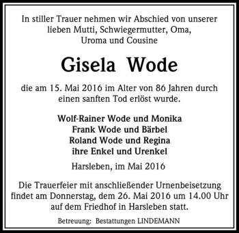 Traueranzeige von Gisela Wode  von Magdeburger Volksstimme