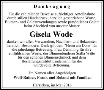 Traueranzeige von Gisela Wode  von Magdeburger Volksstimme