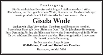 Traueranzeige von Gisela Wode  von Magdeburger Volksstimme