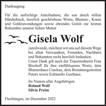 Traueranzeige von Gisela Wolf  von Magdeburger Volksstimme