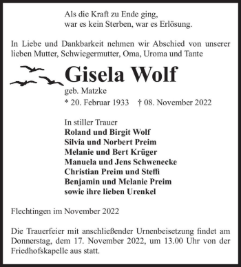 Traueranzeige von Gisela Wolf (geb. Matzke)  von Magdeburger Volksstimme