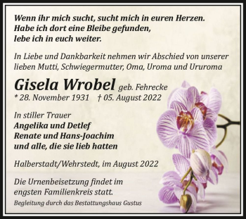 Traueranzeige von Gisela Wrobel (geb. Fehrecke)  von Magdeburger Volksstimme