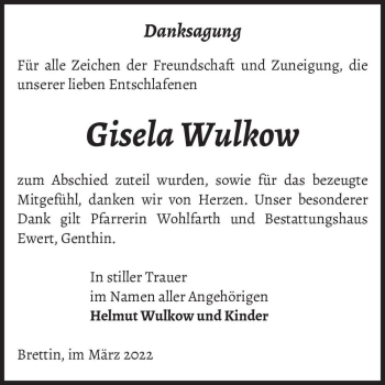 Traueranzeige von Gisela Wulkow  von Magdeburger Volksstimme