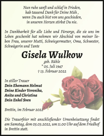 Traueranzeige von Gisela Wulkow (geb. Rühle)  von Magdeburger Volksstimme