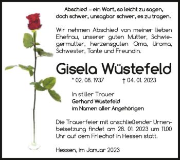 Traueranzeige von Gisela Wüstefeld  von Magdeburger Volksstimme