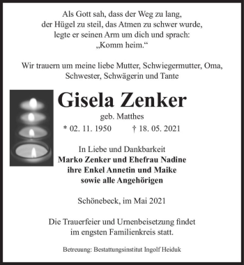 Traueranzeige von Gisela Zenker (geb. Matthes)  von Magdeburger Volksstimme