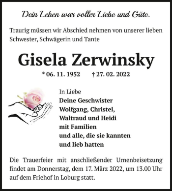 Traueranzeige von Gisela Zerwinsky  von Magdeburger Volksstimme