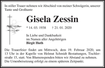 Traueranzeige von Gisela Zessin  von Magdeburger Volksstimme