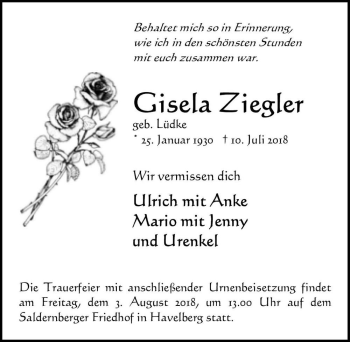 Traueranzeige von Gisela Ziegler (geb. Lüdke)  von Magdeburger Volksstimme
