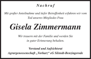 Traueranzeige von Gisela Zimmermann  von Magdeburger Volksstimme