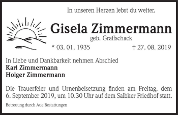 Traueranzeige von Gisela Zimmermann (geb. Graffschack)  von Magdeburger Volksstimme