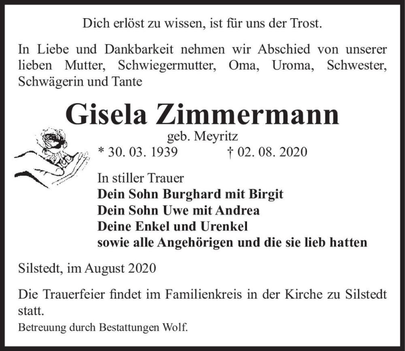  Traueranzeige für Gisela Zimmermann (geb. Meyritz)  vom 08.08.2020 aus Magdeburger Volksstimme