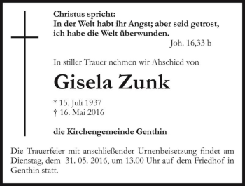 Traueranzeige von Gisela Zunk  von Magdeburger Volksstimme