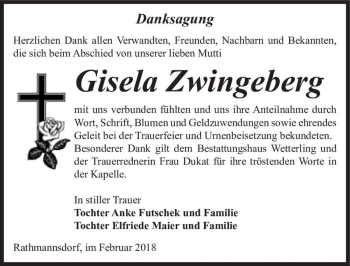 Traueranzeige von Gisela Zwingeberg  von Magdeburger Volksstimme