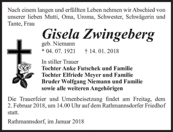 Traueranzeige von Gisela Zwingeberg (geb. Niemann)  von Magdeburger Volksstimme