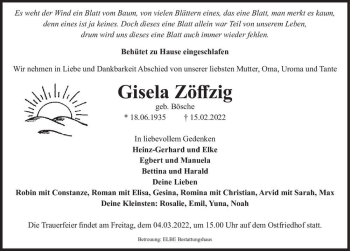 Traueranzeige von Gisela Zöffzig (geb. Bösche)  von Magdeburger Volksstimme