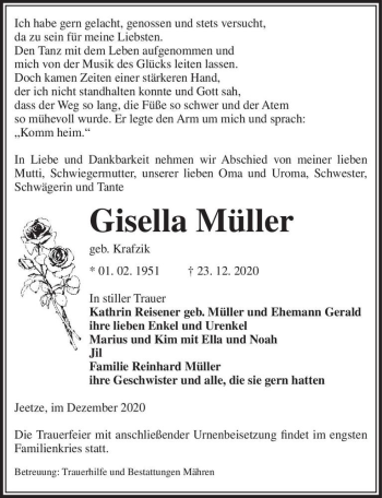 Traueranzeige von Gisella Müller (geb. Krafzik)  von Magdeburger Volksstimme