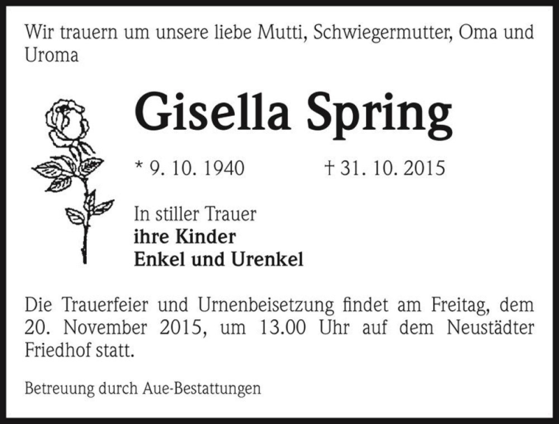  Traueranzeige für Gisella Spring  vom 07.11.2015 aus Magdeburger Volksstimme