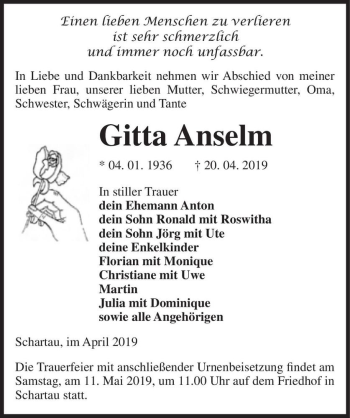 Traueranzeige von Gitta Anselm  von Magdeburger Volksstimme