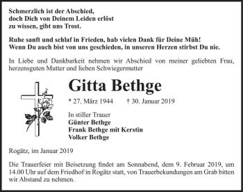 Traueranzeige von Gitta Bethge  von Magdeburger Volksstimme